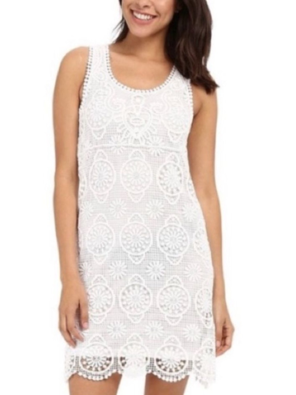 Karen Kane White 100% Cotton Crochet Lace Mini Shift Dress Boho Cottagecore M